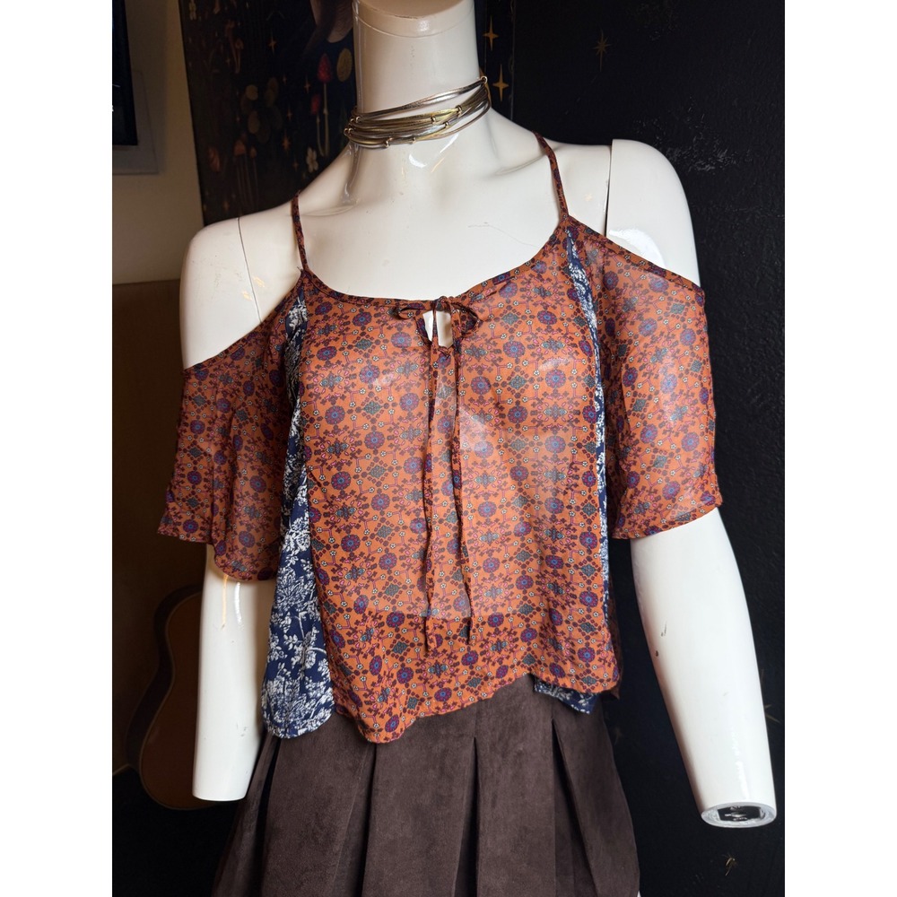 Boho Mixed Print Cold Shoulder Top Orange Navy Floral Open Back XS T1227